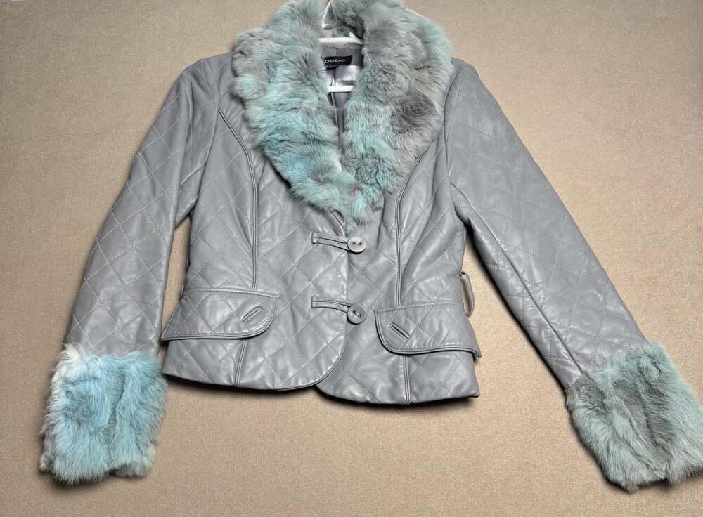 Bebe Gray Quilted Leather Jacket with Dyed Rabbit Fur Collar and Cuffs Size S